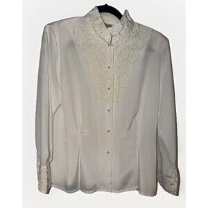 VTG 90s Nicola Ivory Blouse Button Down Embroider Sz 10 Semi Sheer Romantic Poet